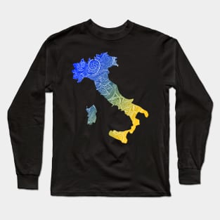 Colorful mandala art map of Italy with text in blue and yellow Long Sleeve T-Shirt